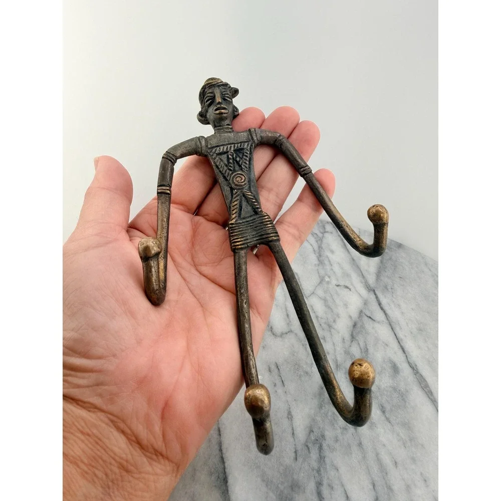Vintage Dhokra Brass Wall Hook Indian Tribal Art Figurine Rustic Man Wall Hanger